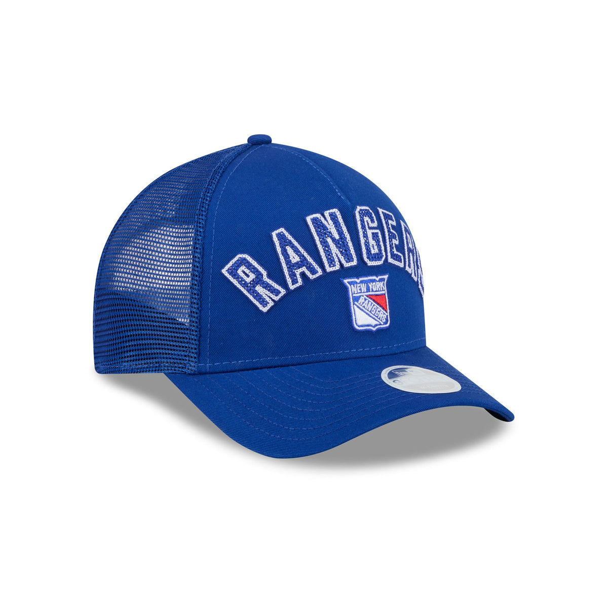New York Rangers Sequin Wordmark Women's 9FORTY M-Crown A-Frame Trucker Hat