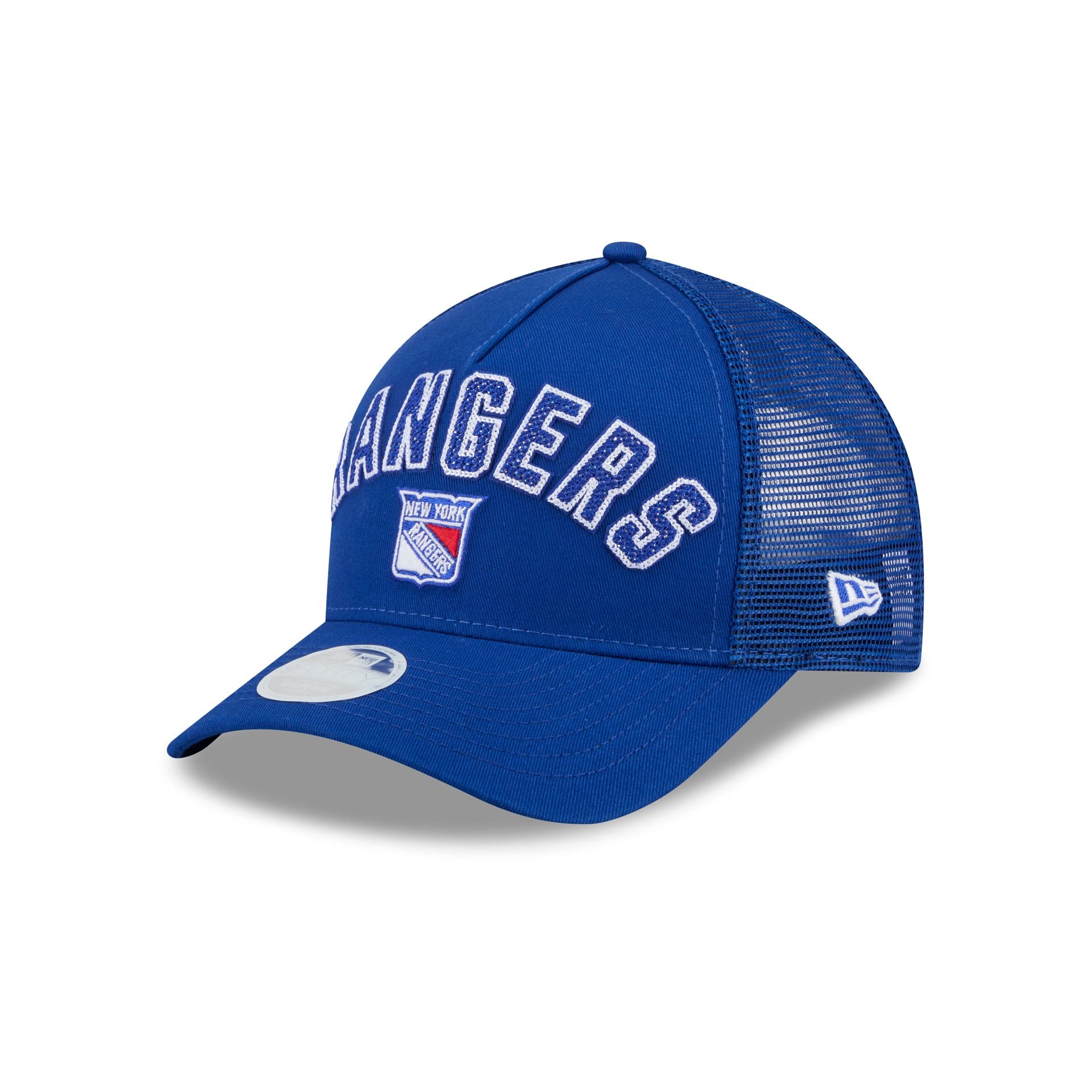 New York Rangers Sequin Wordmark Women's 9FORTY M-Crown A-Frame Trucker Hat