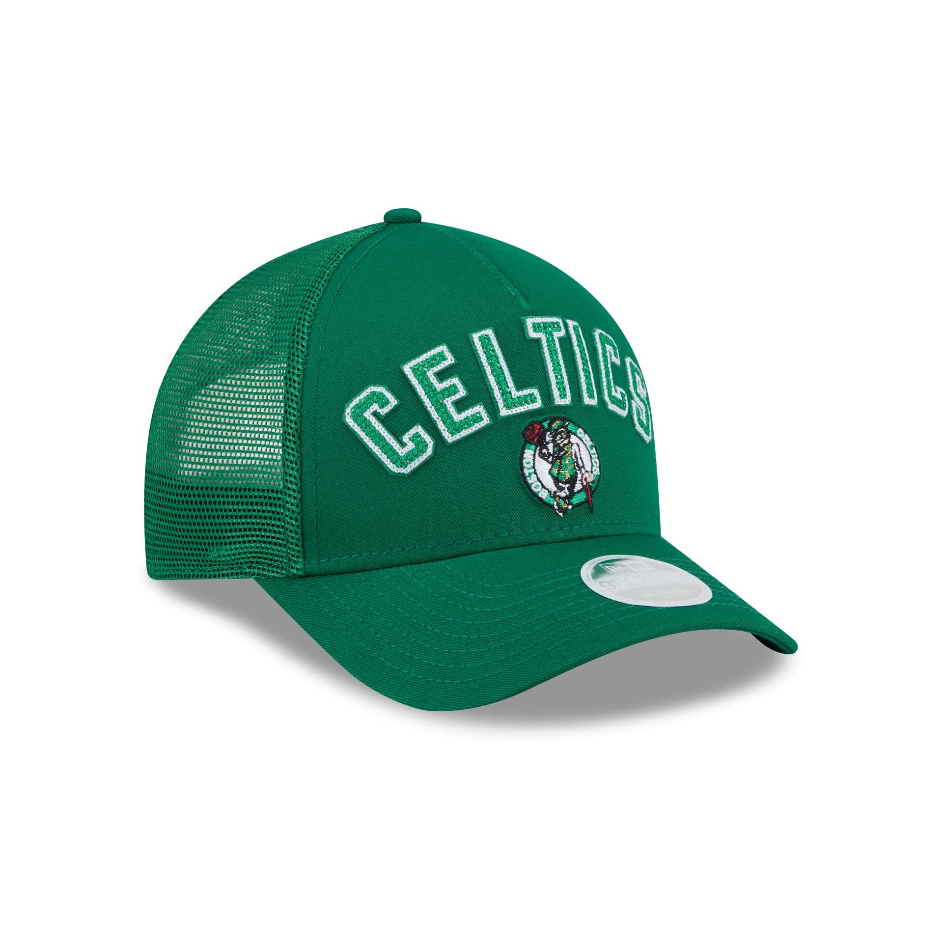Boston Celtics Sequin Wordmark Women's 9FORTY M-Crown A-Frame Trucker Hat