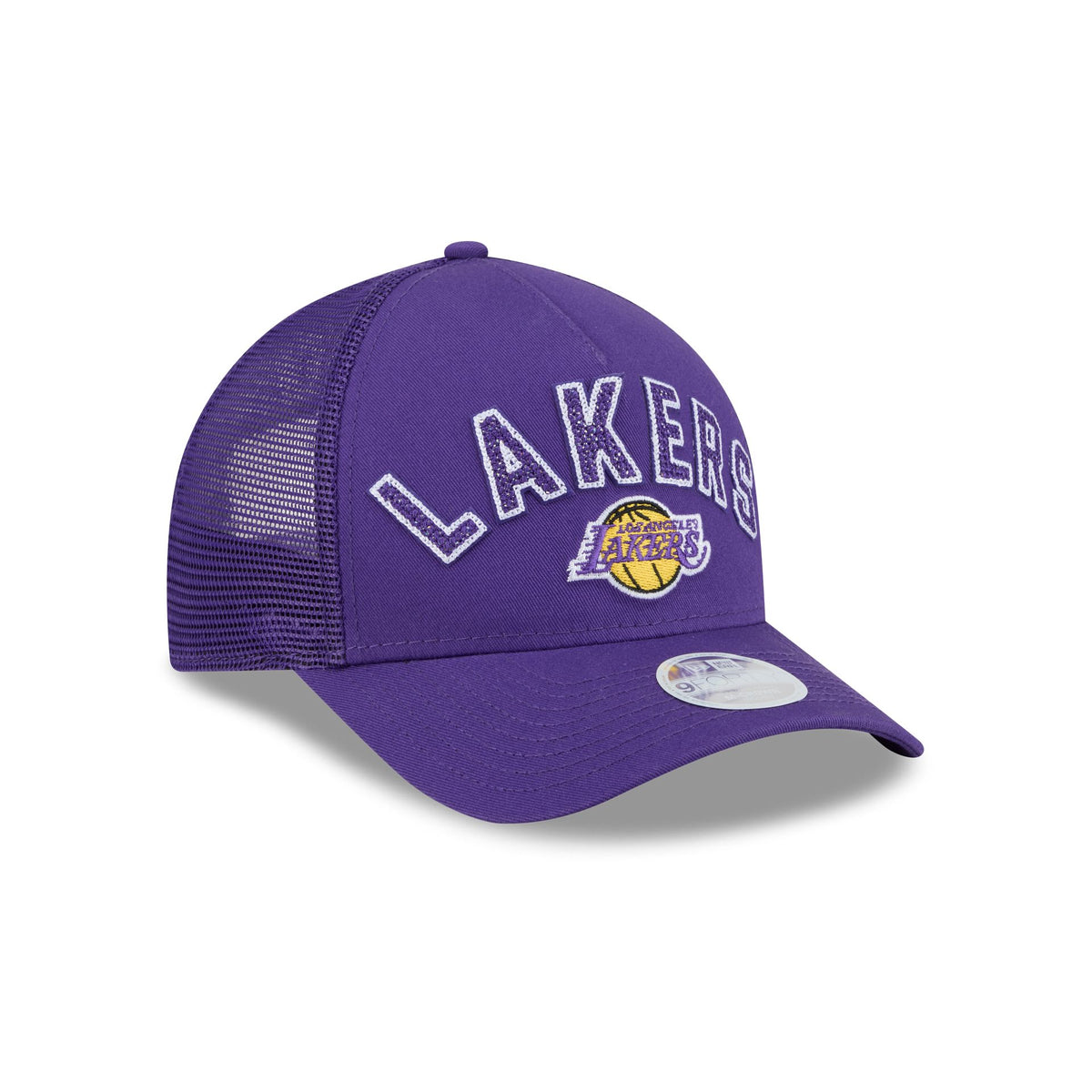 Los Angeles Lakers Sequin Wordmark Women's 9FORTY M-Crown A-Frame Trucker Hat