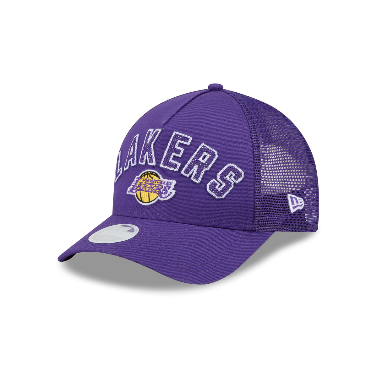 Los Angeles Lakers Sequin Wordmark Women's 9FORTY M-Crown A-Frame Trucker Hat