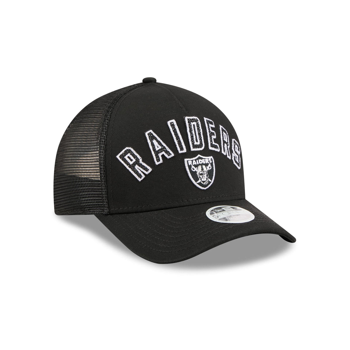 Las Vegas Raiders Sequin Wordmark Women's 9FORTY M-Crown A-Frame Trucker Hat