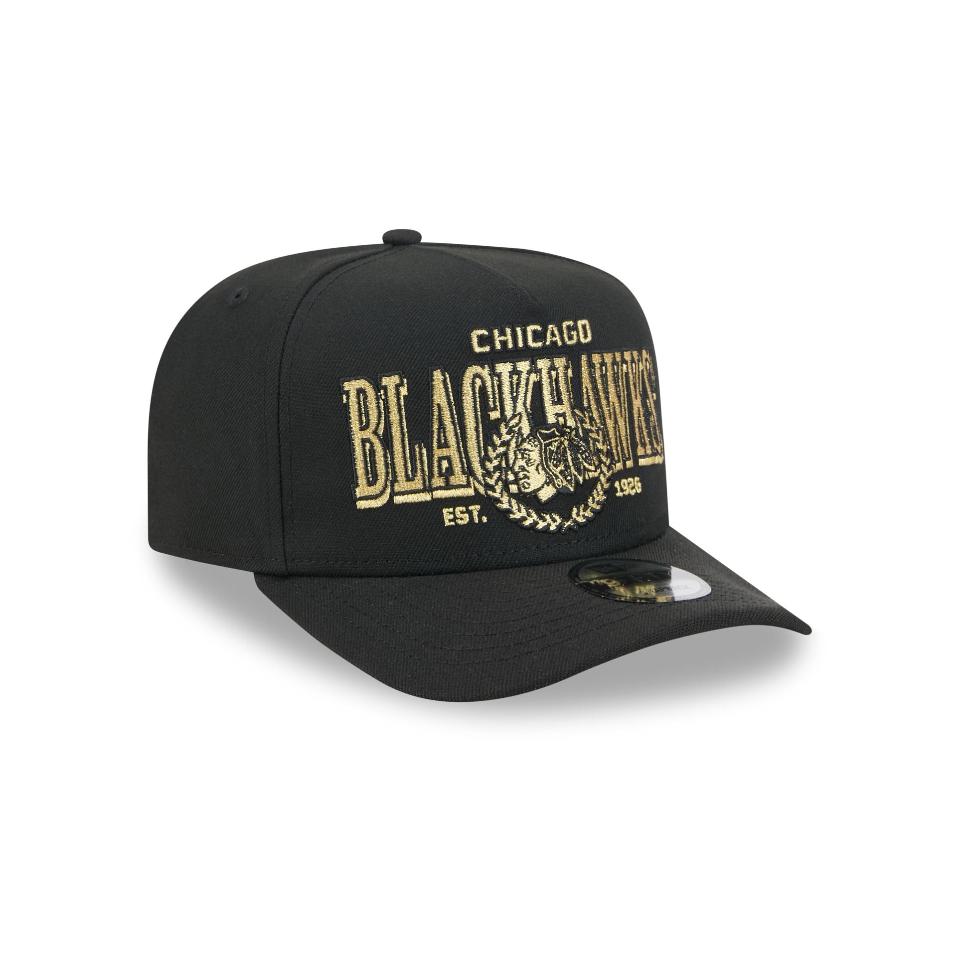 Chicago Blackhawks Gold Laurel Black 9FIFTY A-Frame Snapback Hat