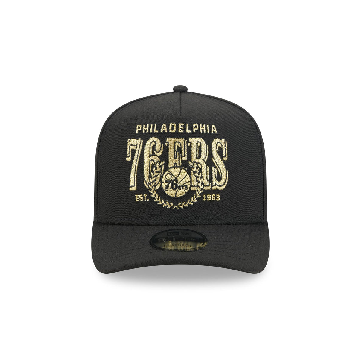 Philadelphia 76ers Gold Laurel Black 9FIFTY A-Frame Snapback Hat