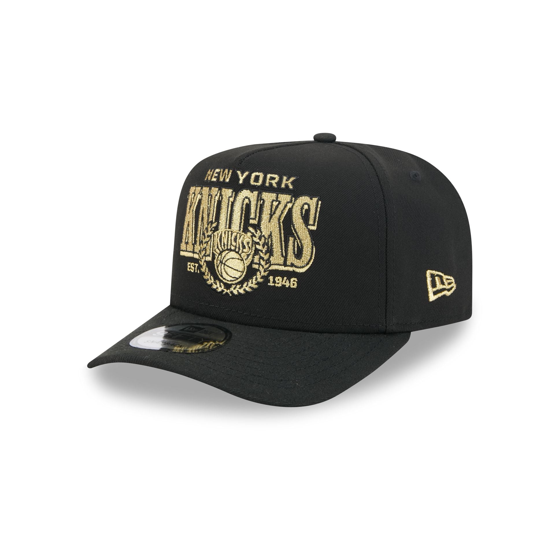 New York Knicks Gold Laurel Black 9FIFTY A-Frame Snapback Hat