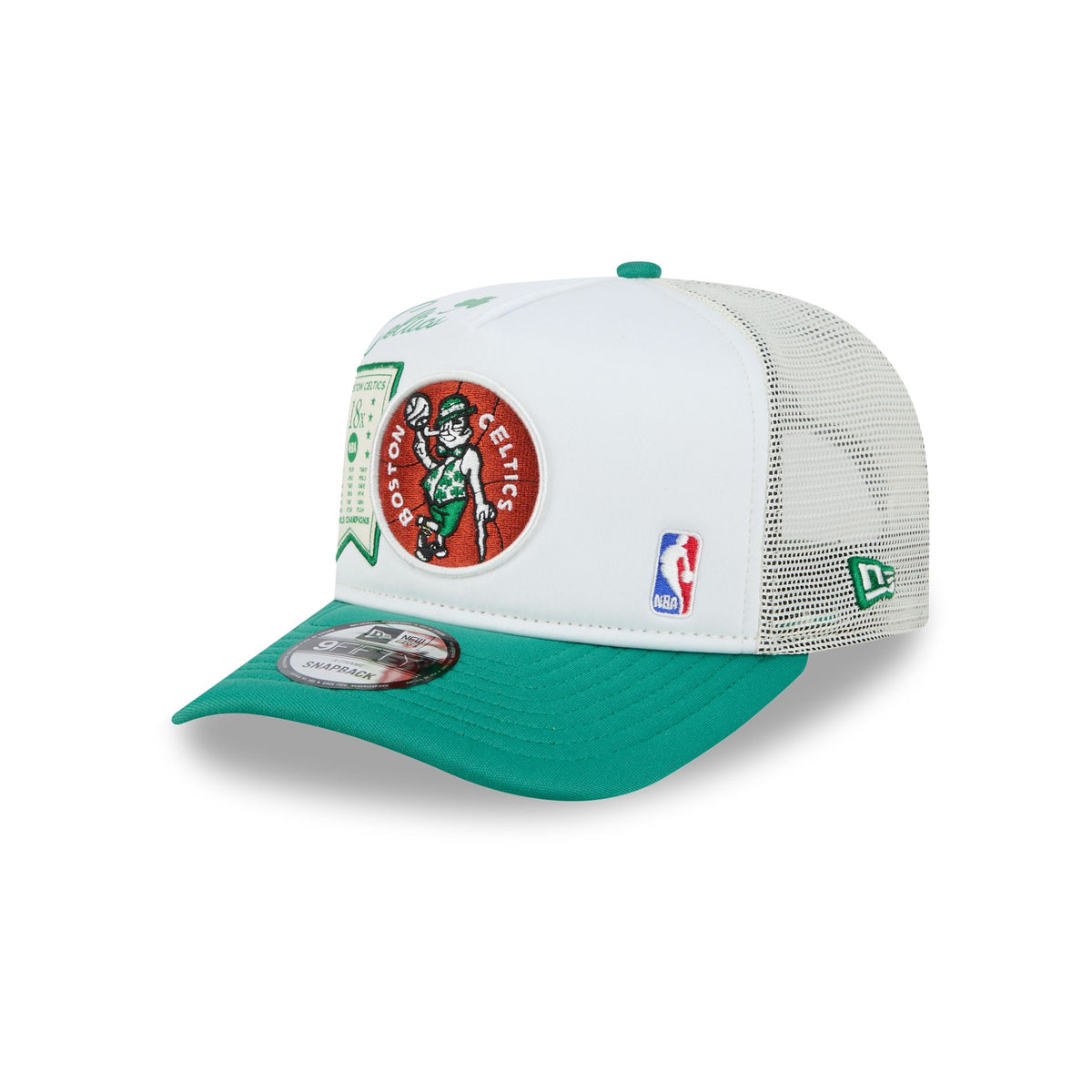 Boston Celtics Hardwood Classics Patched White 9FIFTY A-Frame Trucker Hat