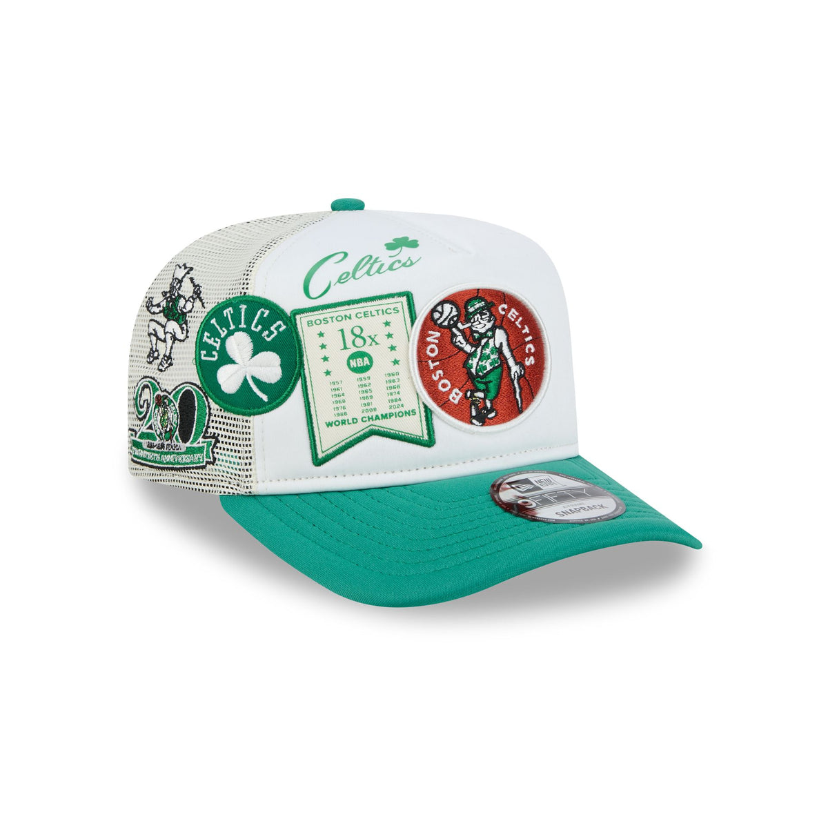 Boston Celtics Hardwood Classics Patched White 9FIFTY A-Frame Trucker Hat