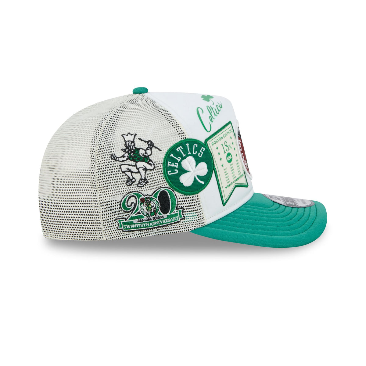 Boston Celtics Hardwood Classics Patched White 9FIFTY A-Frame Trucker Hat