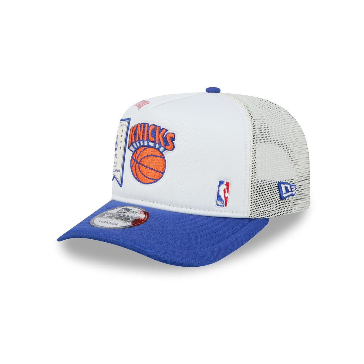New York Knicks Hardwood Classics Patched White 9FIFTY A-Frame Trucker Hat