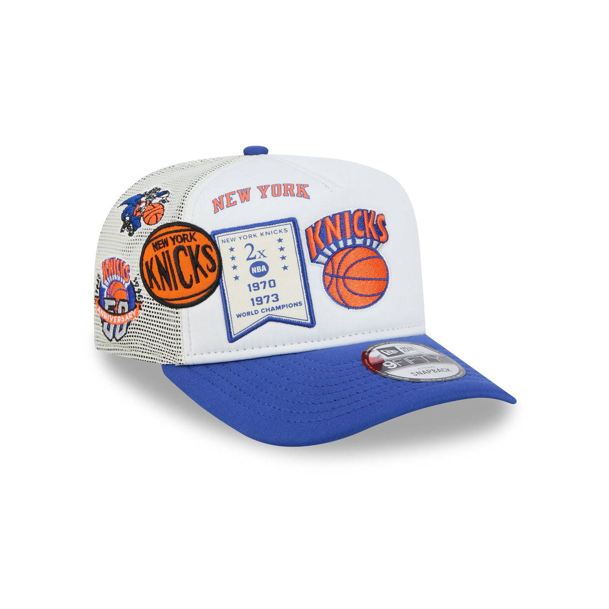 New York Knicks Hardwood Classics Patched White 9FIFTY A-Frame Trucker Hat