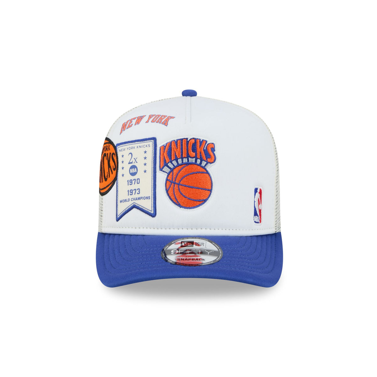 New York Knicks Hardwood Classics Patched White 9FIFTY A-Frame Trucker Hat