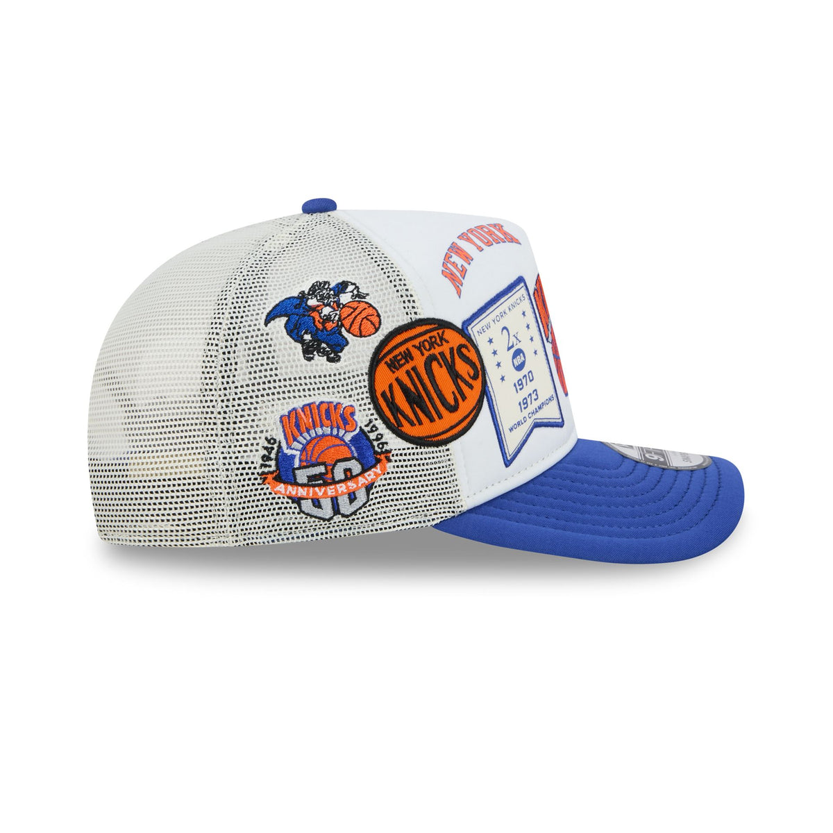 New York Knicks Hardwood Classics Patched White 9FIFTY A-Frame Trucker Hat