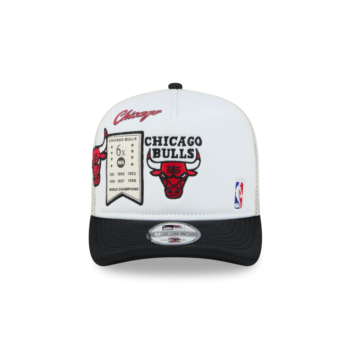 Chicago Bulls Hardwood Classics Patched White 9FIFTY A-Frame Trucker Hat