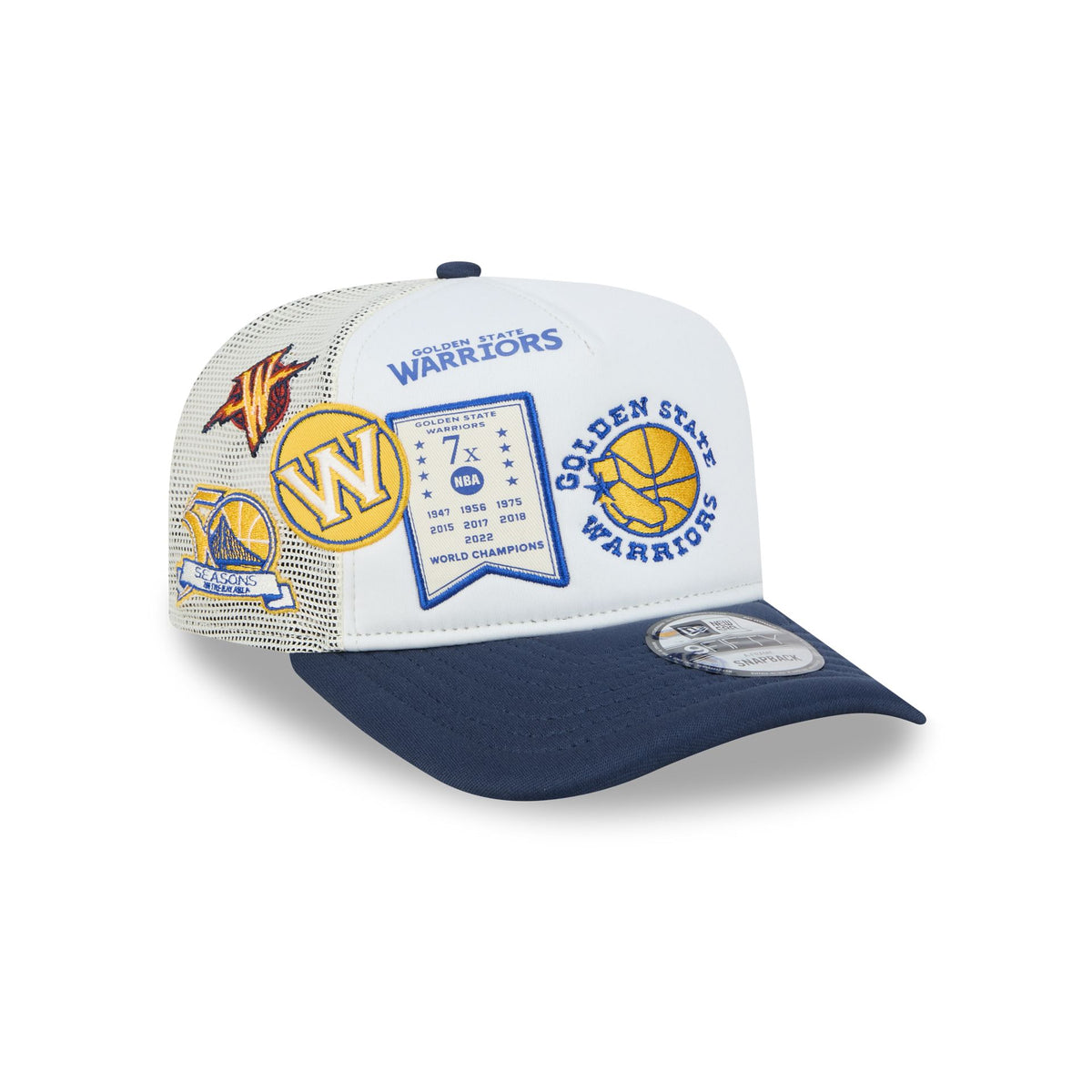 Golden State Warriors Hardwood Classics Patched White 9FIFTY A-Frame Trucker Hat