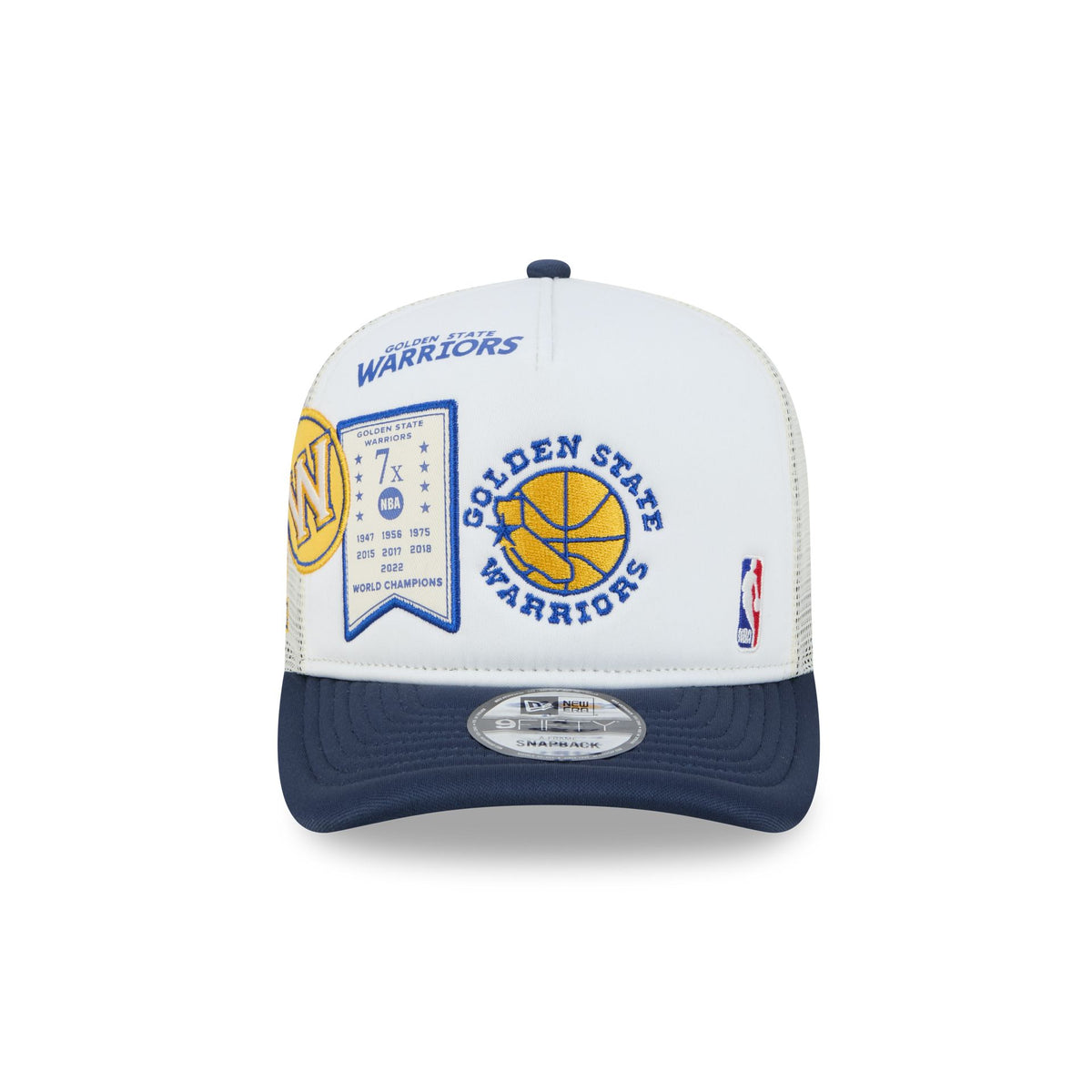Golden State Warriors Hardwood Classics Patched White 9FIFTY A-Frame Trucker Hat