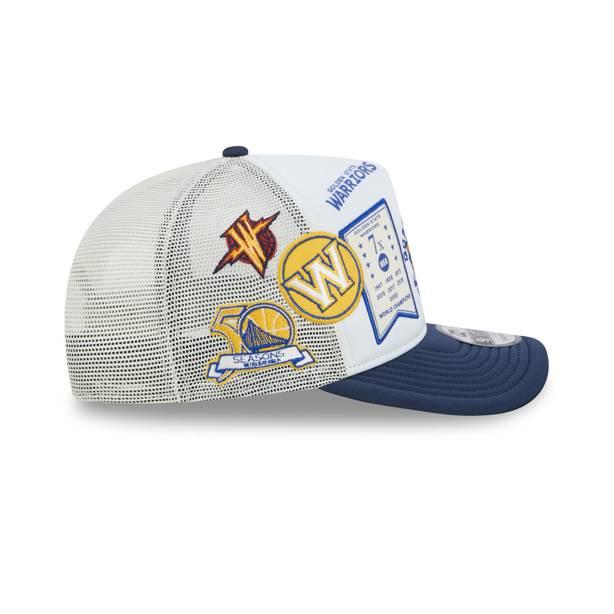 Golden State Warriors Hardwood Classics Patched White 9FIFTY A-Frame Trucker Hat