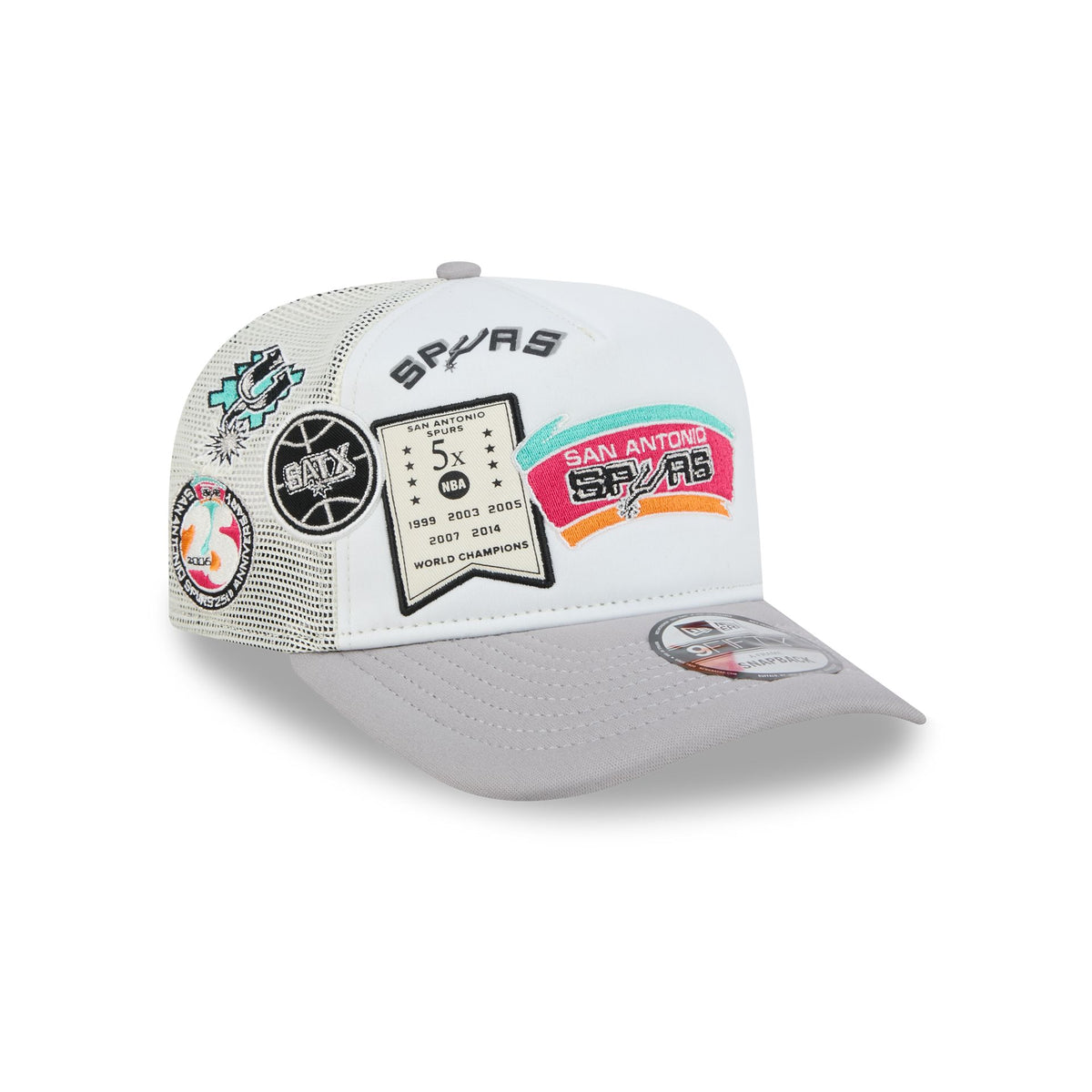 San Antonio Spurs Hardwood Classics Patched White 9FIFTY A-Frame Trucker Hat