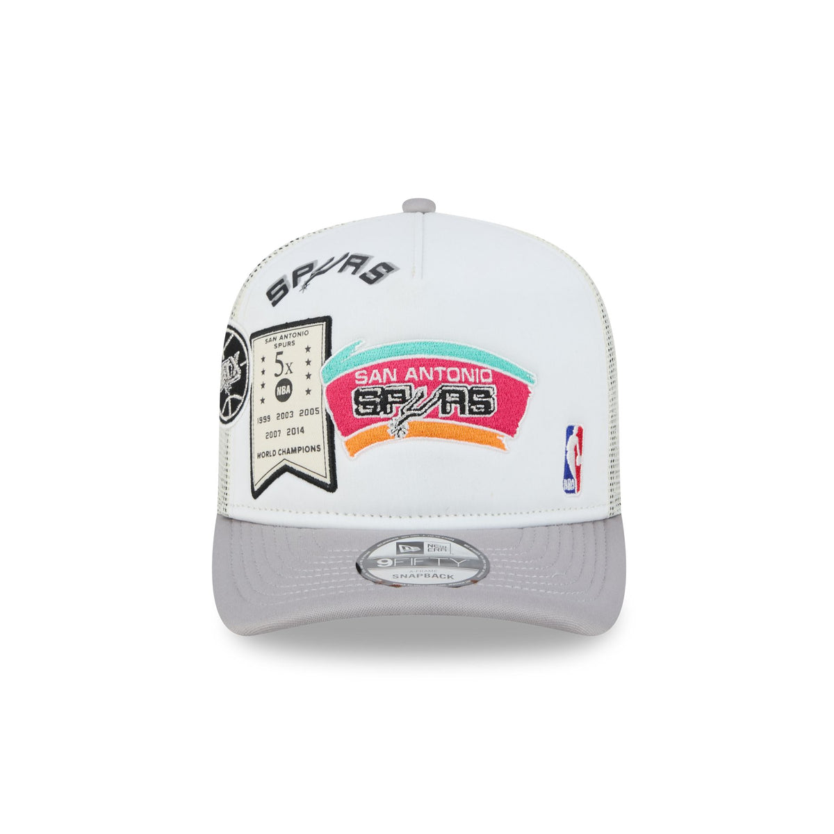 San Antonio Spurs Hardwood Classics Patched White 9FIFTY A-Frame Trucker Hat