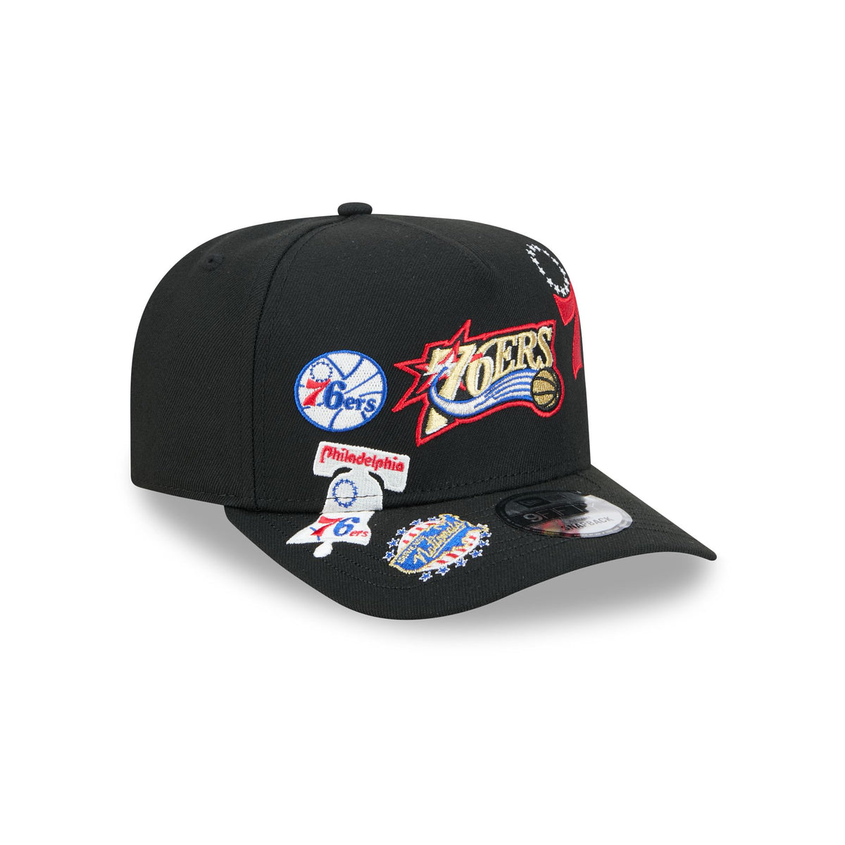 Philadelphia 76ers Hardwood Classics Patched Black 9FIFTY A-Frame Snapback Hat
