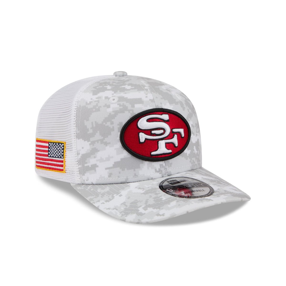 San Francisco 49ers 2026 Salute to Service Fan Gear Snow 9SEVENTY Trucker Hat