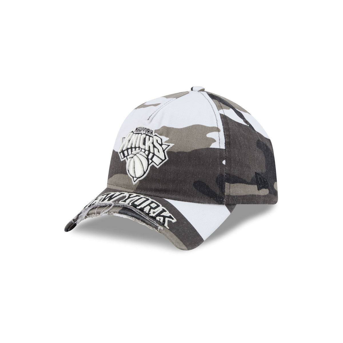 New York Knicks Washed Camo 9FORTY A-Frame Unstructured Cut-Off Visor Snapback Hat