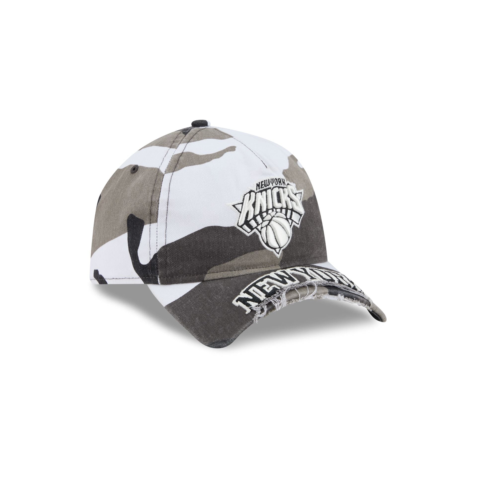 New York Knicks Washed Camo 9FORTY A-Frame Unstructured Cut-Off Visor Snapback Hat