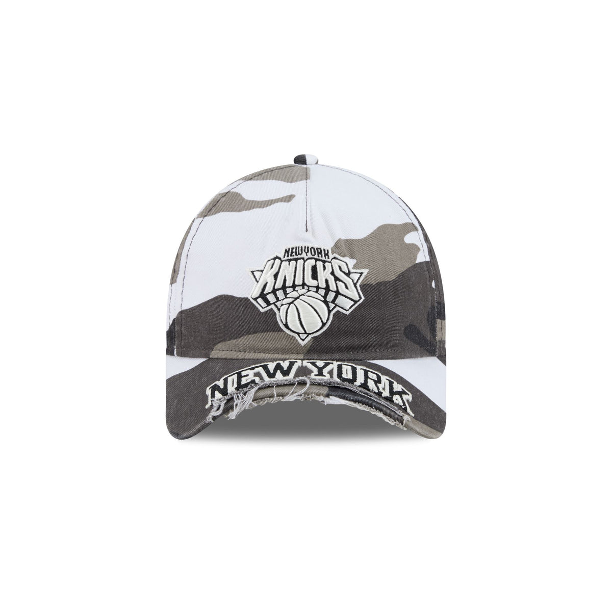 New York Knicks Washed Camo 9FORTY A-Frame Unstructured Cut-Off Visor Snapback Hat
