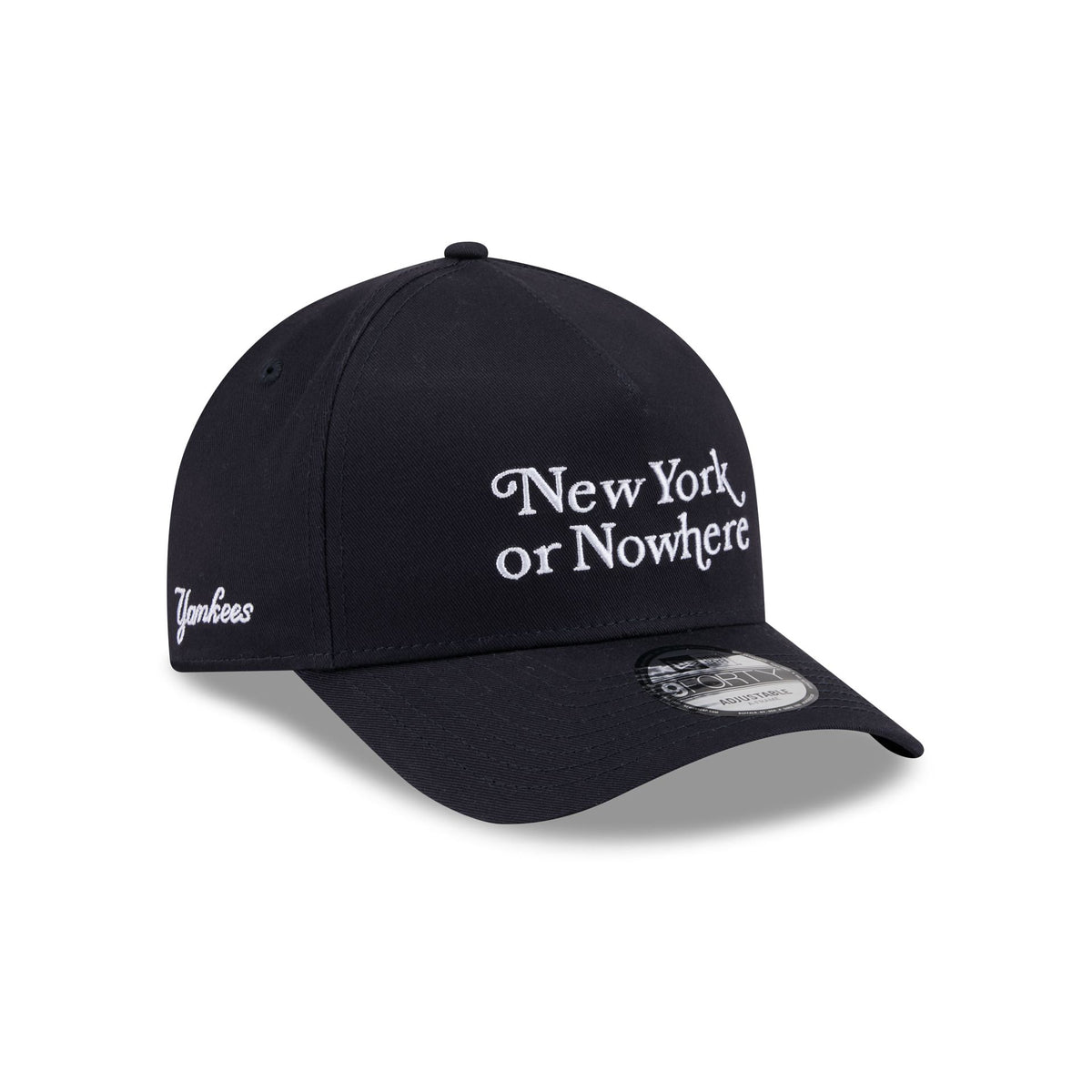 New York or Nowhere x New York Yankees Navy Wordmark Script 9FORTY A-Frame Snapback Hat