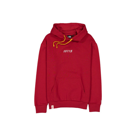 Red hoodie from TEAM FIFTY5 featuring Carlos Sainz's chili pepper motif, laid flat on white background