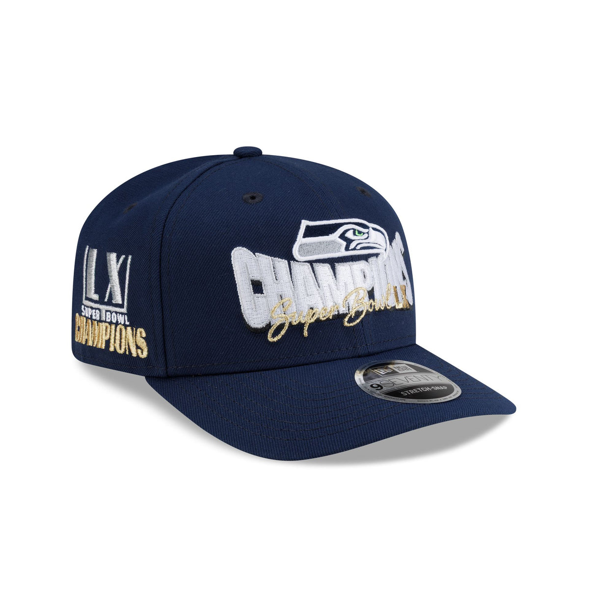 Seattle Seahawks Super Bowl LX Champions Navy Gold Script 9SEVENTY Stretch-Snap Hat