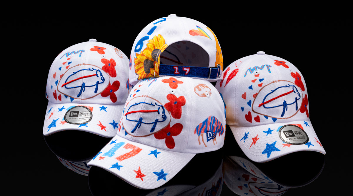A limited-edition cap featuring all nine Billustration designs worn by Josh Allen.